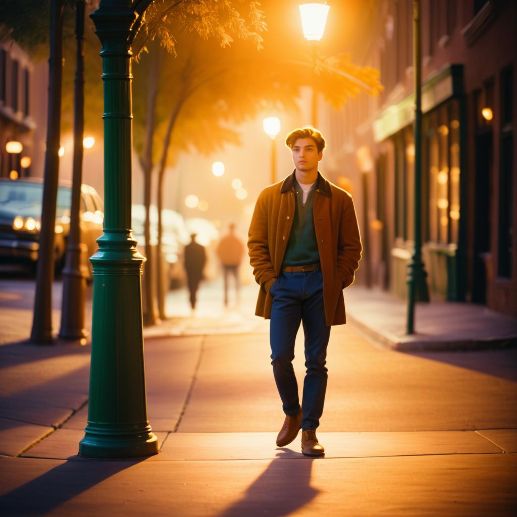 Confident Young Man in Brown Coat on Golden Hour Street