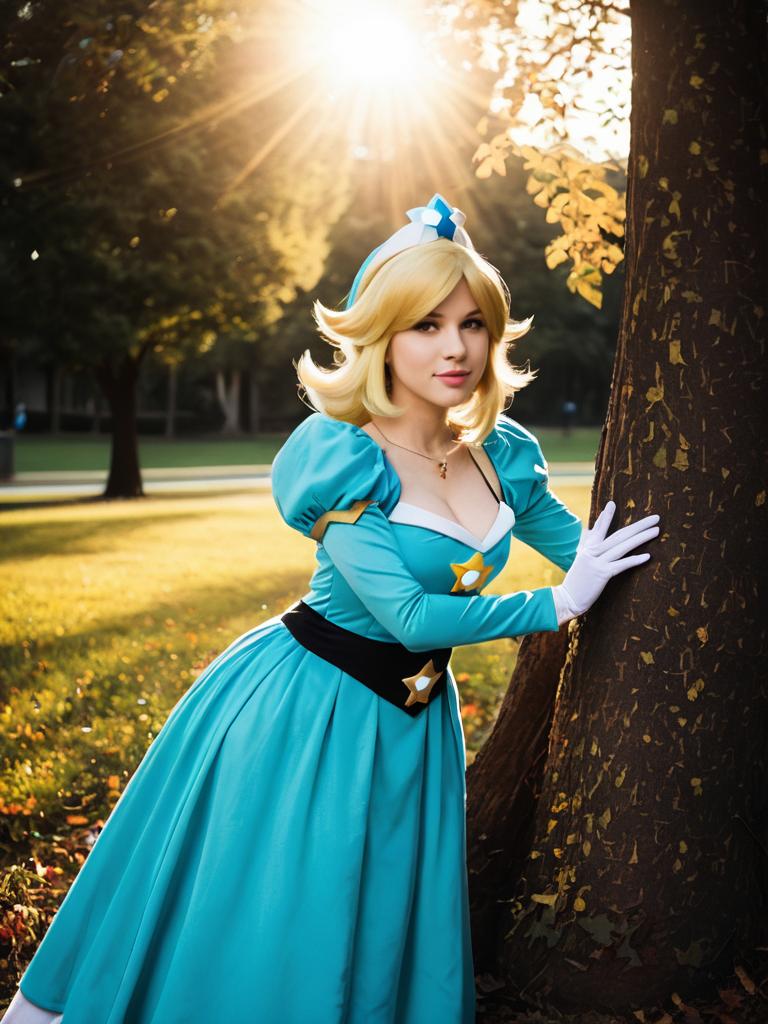 Realistic Rosalina Cosplay Photo of Woman in Blue Dress Outdoor