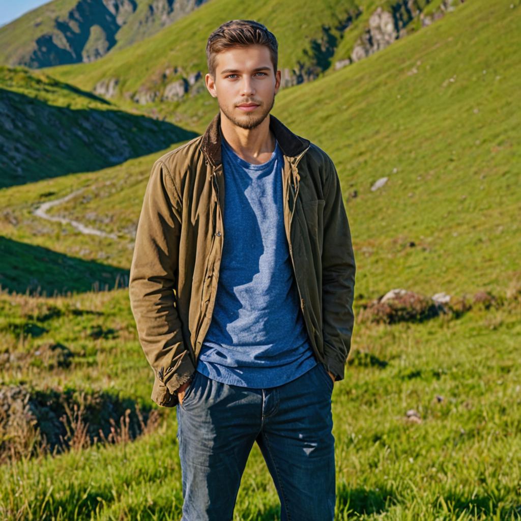 Man in Casual Outfit with Mountainous Background