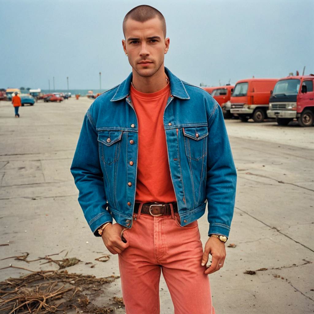 Young Man in Denim Jacket and Coral Outfit on Industrial Dock