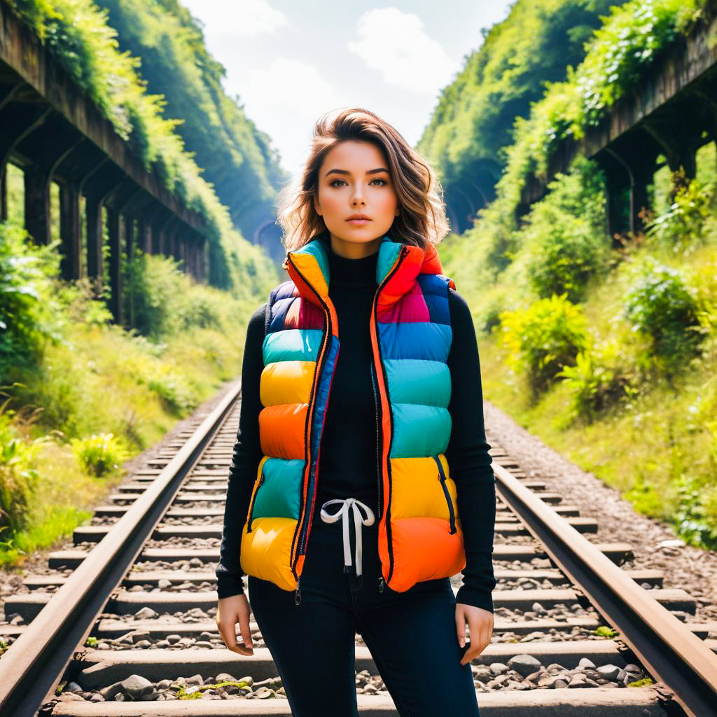 Fashionable Woman on Train Track in Lush Greenery