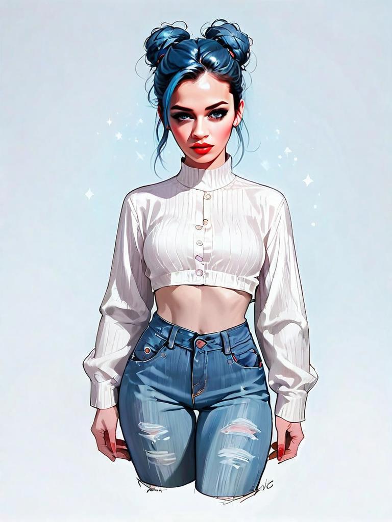 Realistic Digital Portrait of Woman in Cropped Shirt and Ripped Jeans