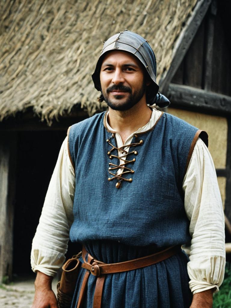 Medieval Peasant Man in Historic Costume with Helmet Outdoors