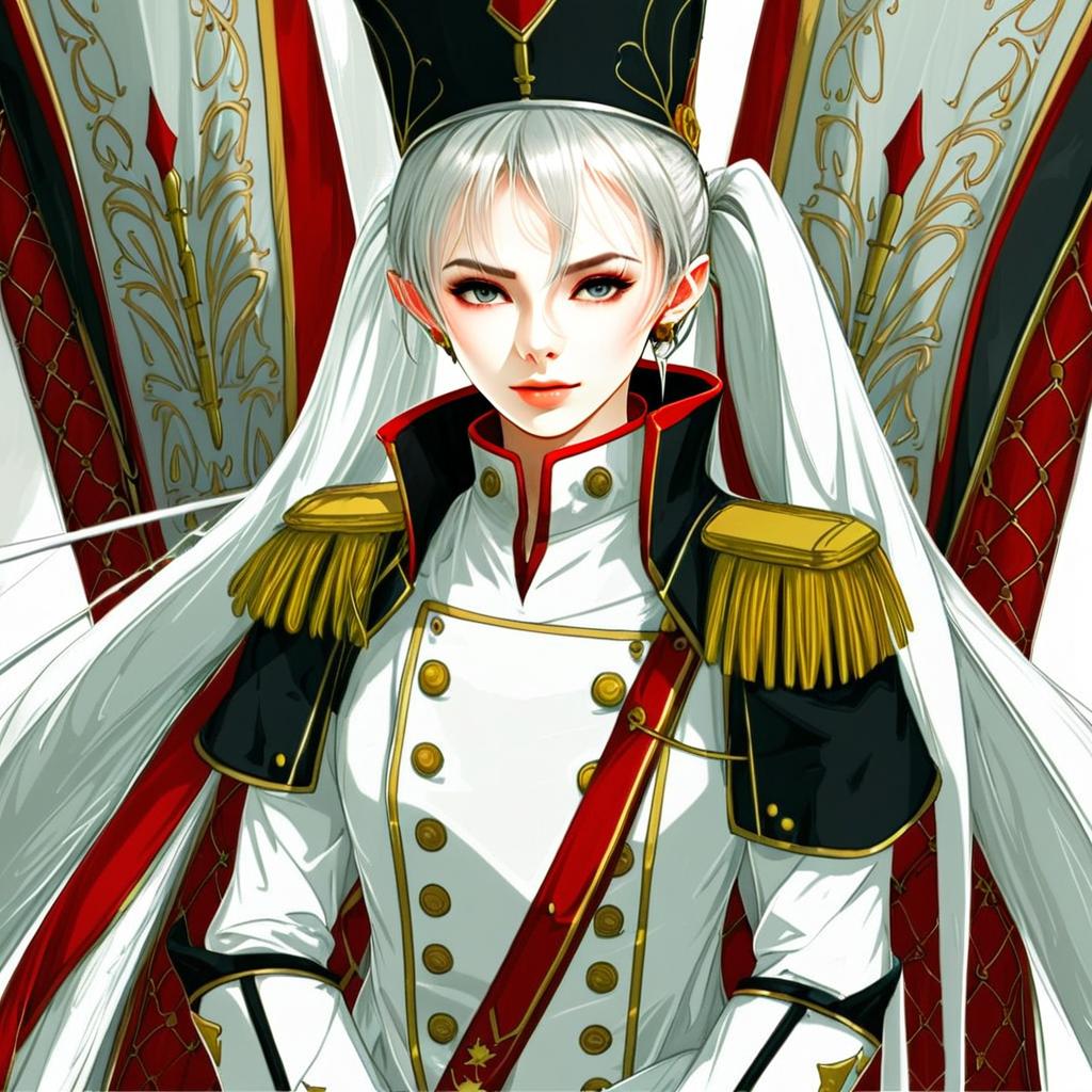 Anime Military Woman with Long White Hair in Ornate Uniform