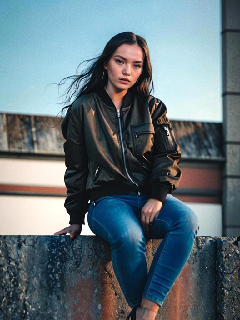 Stylish young woman in bomber jacket on urban ledge