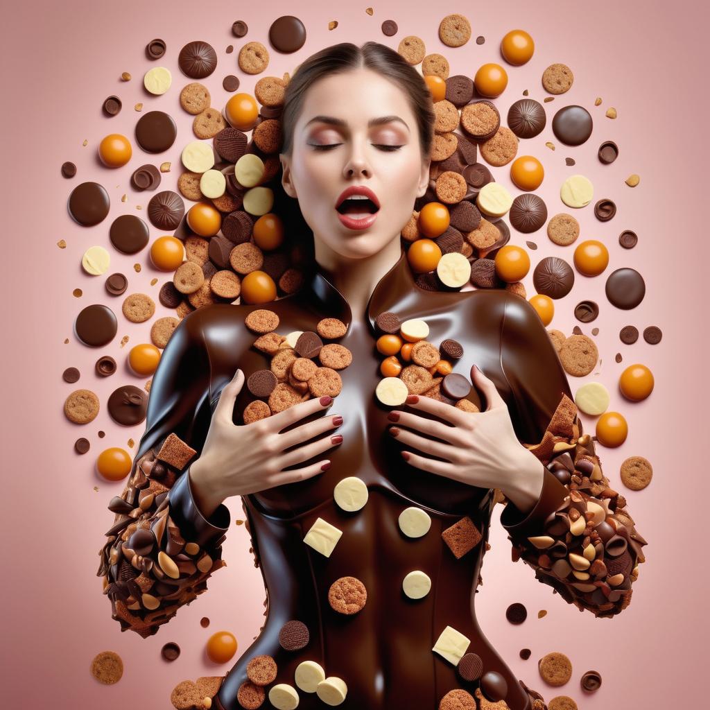 Woman in Chocolate Cookie-Inspired Outfit Surrounded by Sweets