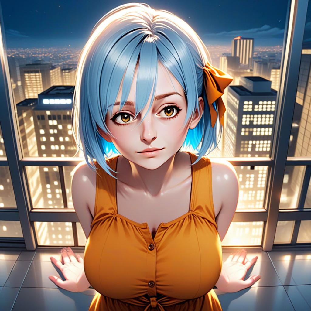 Young Woman with Blue Hair on City Balcony at Night