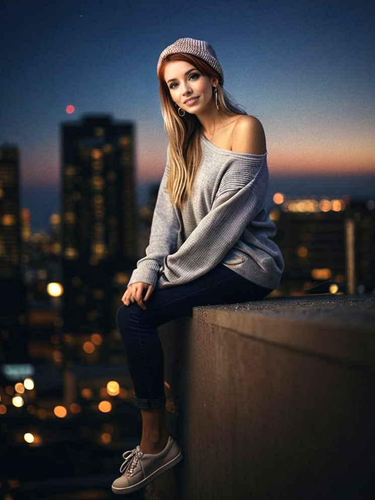 Stylish Woman Overlooking City Skyline at Dusk