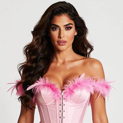Glamorous Woman in Pink Satin Feather Trim Corset Fashion Portrait