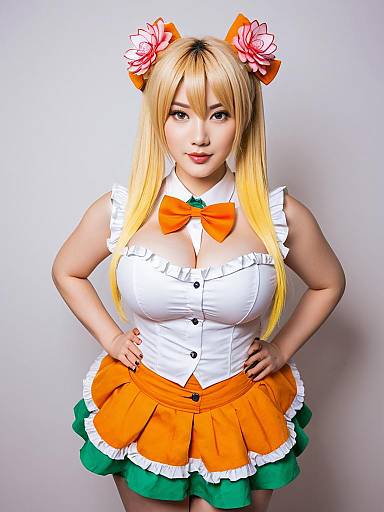 Momosuzu Nene 1st Costume Cosplay with Orange Bow and Floral Hair Accessories