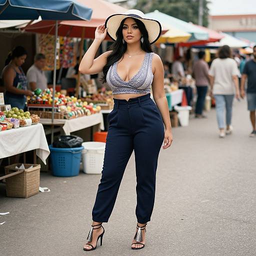 Stylish Woman at Outdoor Market Wearing Wide-Brimmed Hat and Crop Top