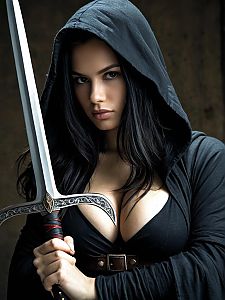 Fierce Woman in Hooded Cloak Holding Medieval Sword