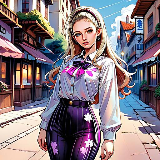 Anime-Style Woman in Floral Outfit on European Street