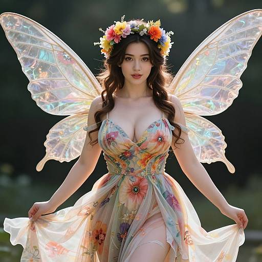 Whimsical Fairy Woman in Floral Dress with Iridescent Wings and Flower Crown