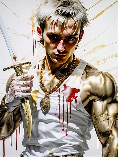 Hyper-Realistic Artwork of Fierce Young Man with Sword and Blood Splatter