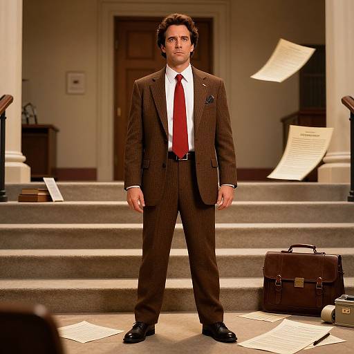 Man Standing in Vintage Office Setting with Scattered Papers