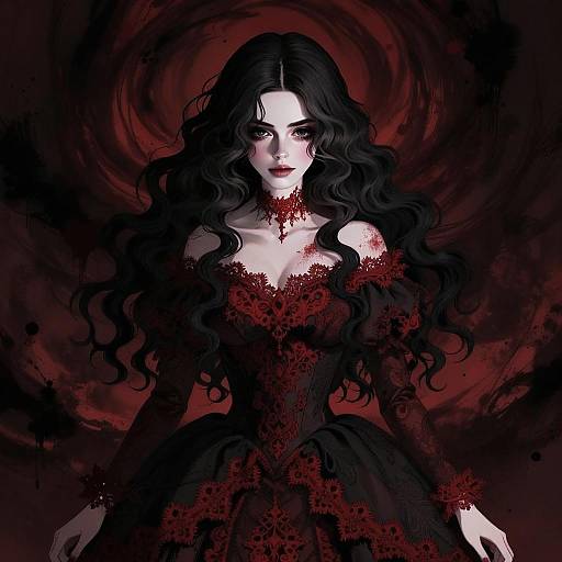 Gothic Woman in Black and Red Lace Dress Digital Art