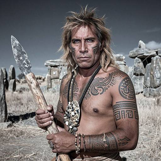 Tribal Man with Polynesian Tattoos Holding Spear in Ancient Stone Landscape