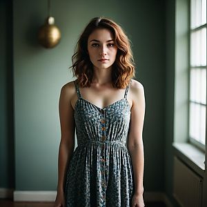 Portrait of Woman in Sundress with Soft Natural Light Indoors