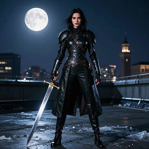 Woman in Black Armor Holding Sword on Rooftop at Night with Full Moon