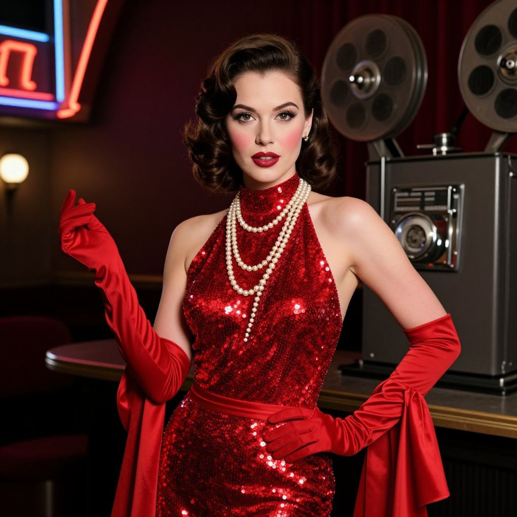 Glamorous Woman in Red Sequin Dress with Vintage Hollywood Style