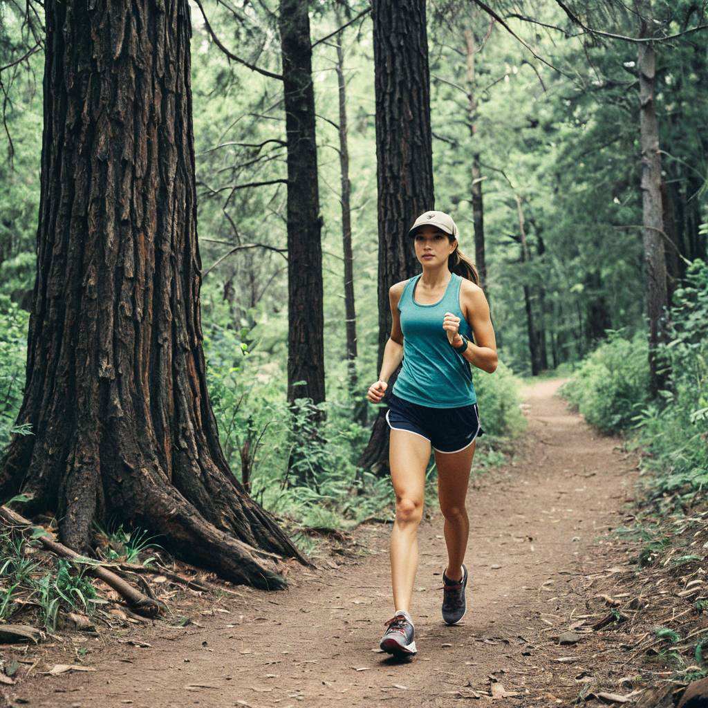 Woman Trail Running in Forest Woman Trail Running in Forest