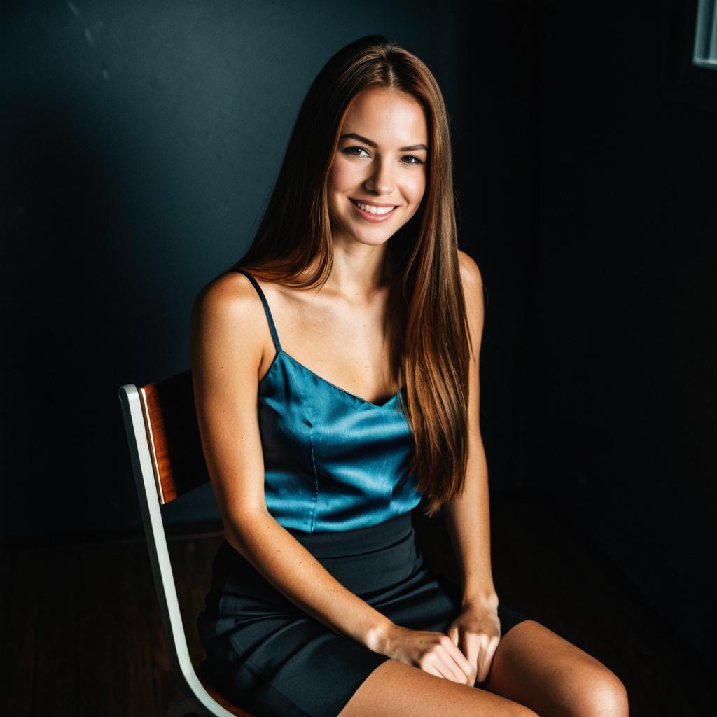 Confident Young Woman Sitting in Teal Satin Camisole and Black Skirt