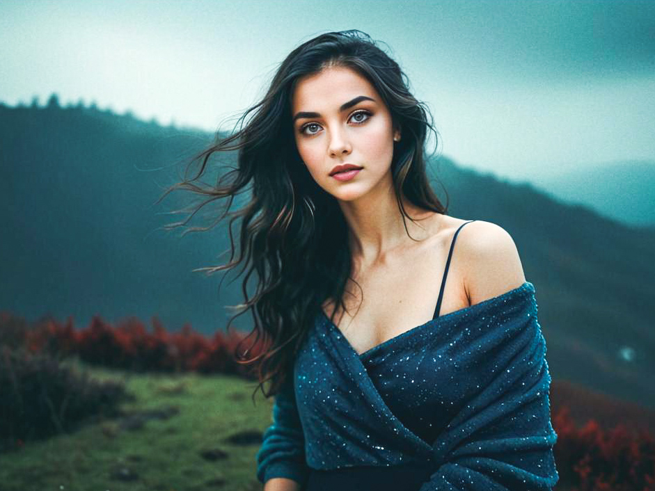 Elegant Woman in Dramatic Mountain Landscape