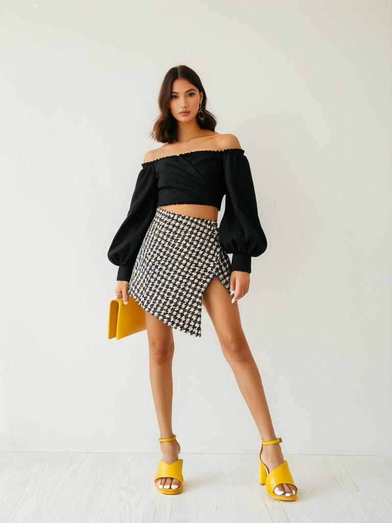 Woman in Contemporary Street Style Black Off-Shoulder Crop Top with Houndstooth Mini Skirt