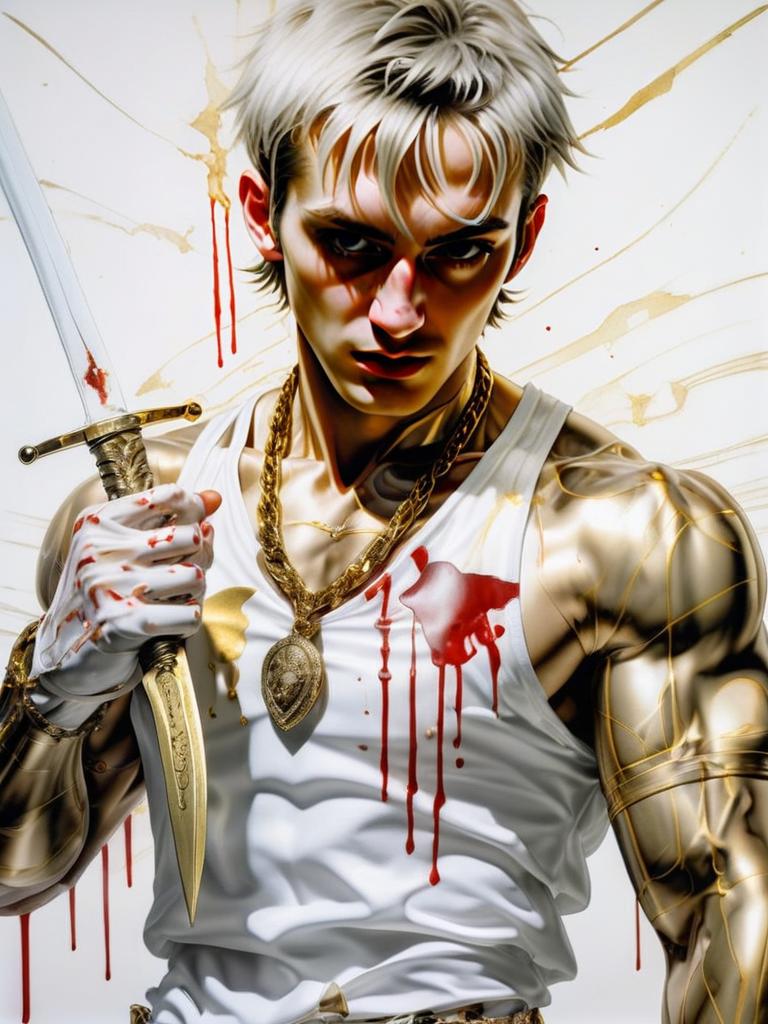 Hyper-Realistic Artwork of Fierce Young Man with Sword and Blood Splatter