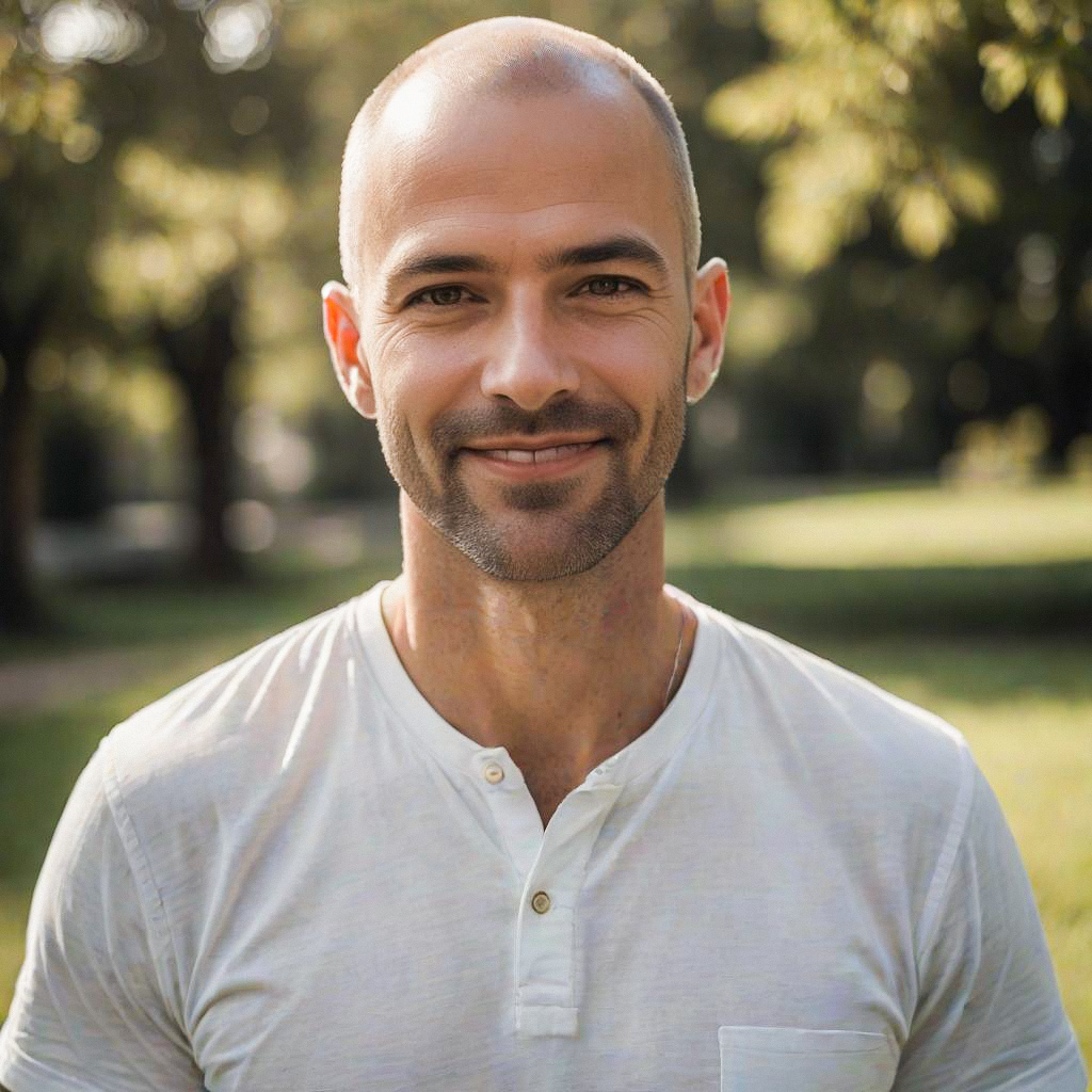 Smiling Bald Man Outdoors in Natural Light
