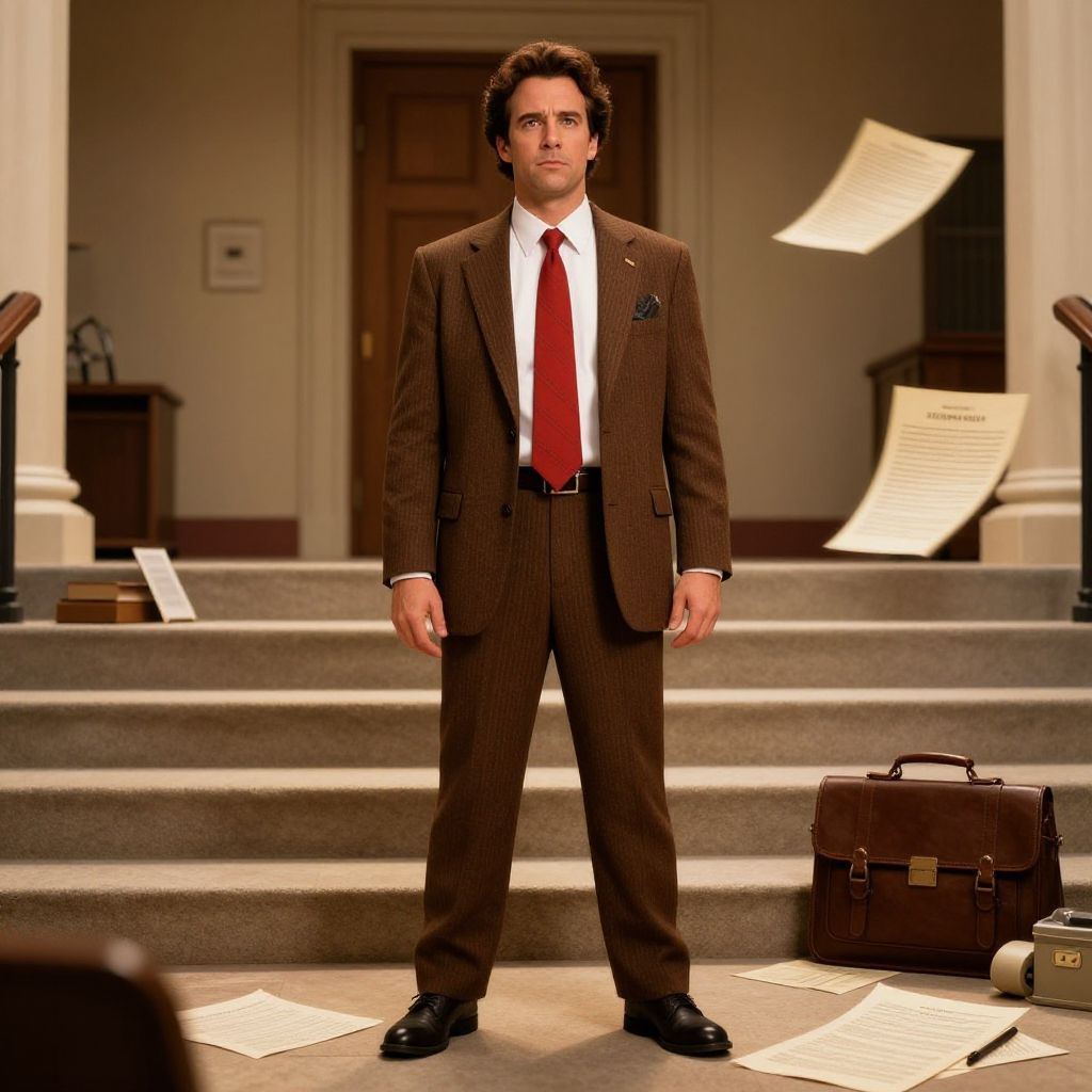 Man Standing in Vintage Office Setting with Scattered Papers
