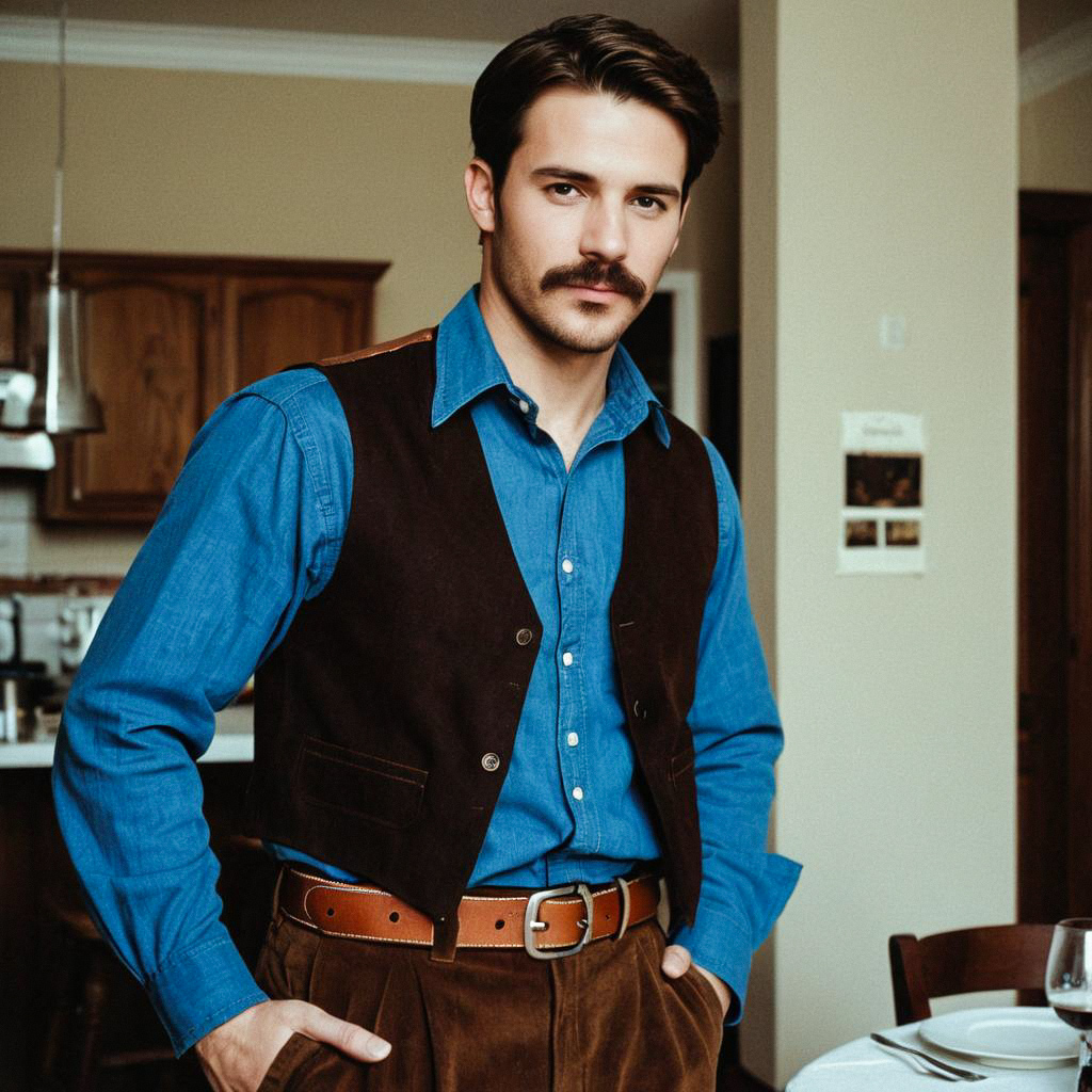 Confident Man in Denim Shirt and Suede Vest in Cozy Kitchen Confident Man in Denim Shirt and Suede Vest in Cozy Kitchen