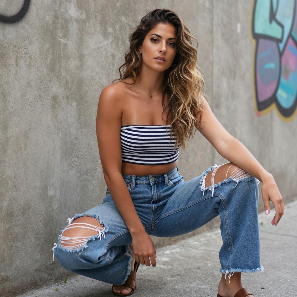 Gen Z Woman in Striped Tube Top and Ripped Jeans Urban Street Style