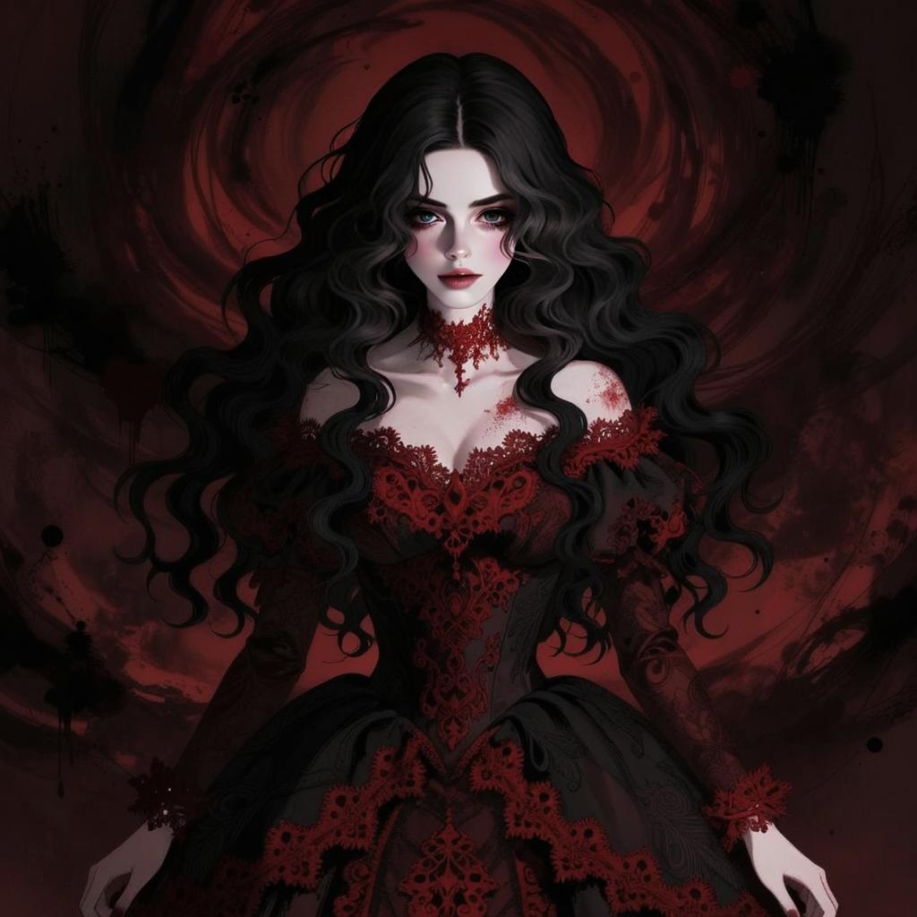 Gothic Woman in Black and Red Lace Dress Digital Art