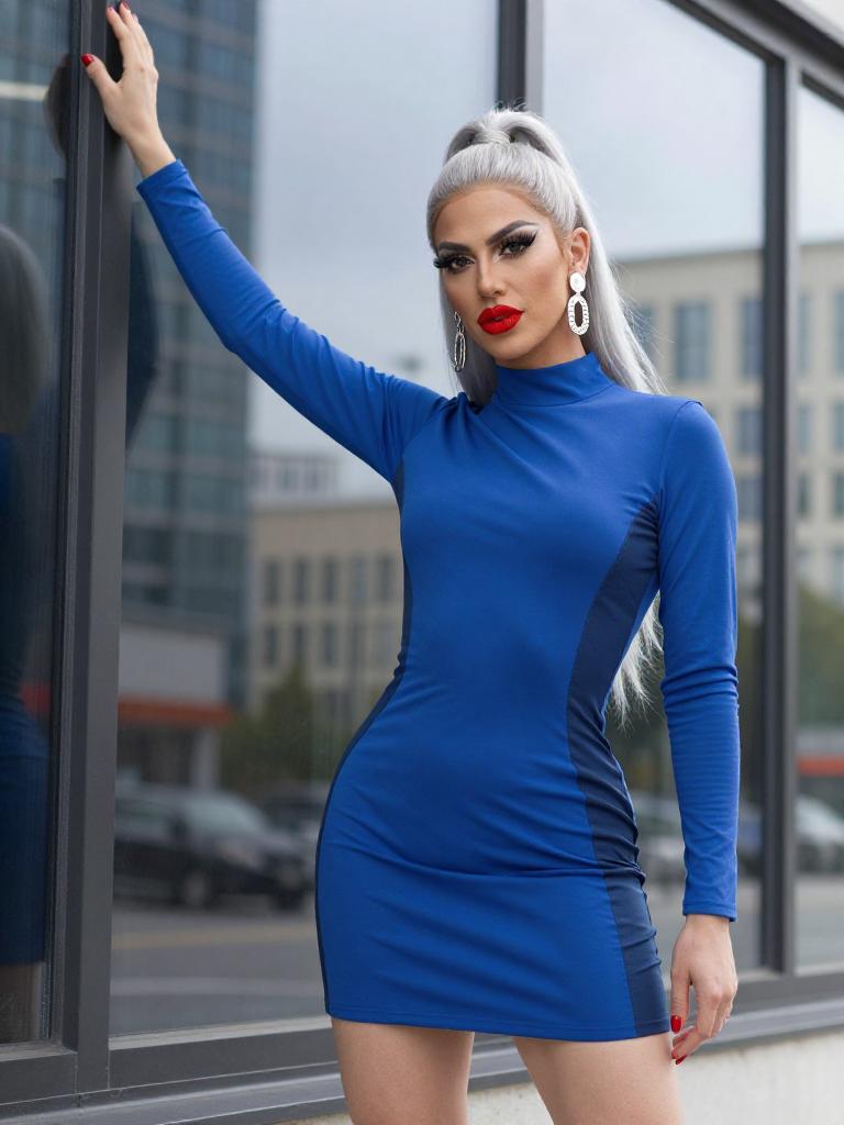Stylish Woman in Blue Bodycon Dress with Silver Hair and Bold Makeup
