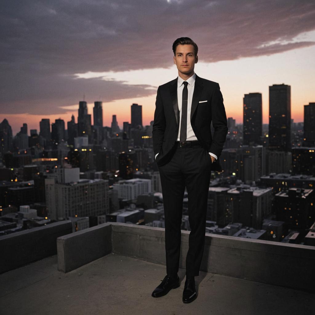 Confident Man in Black Suit on Rooftop at Sunset