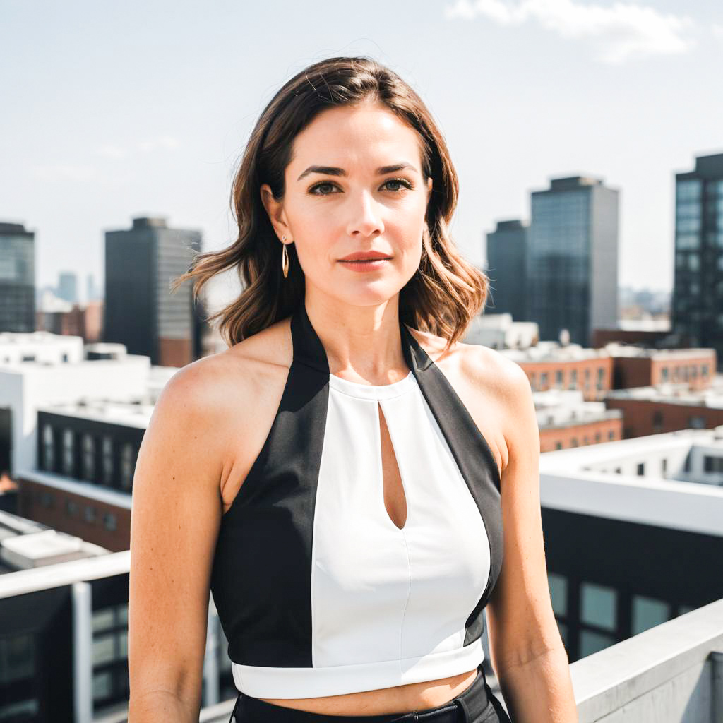 Stylish Woman in Chic Black and White Outfit on Rooftop