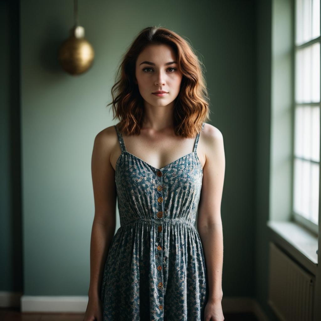 Portrait of Woman in Sundress with Soft Natural Light Indoors