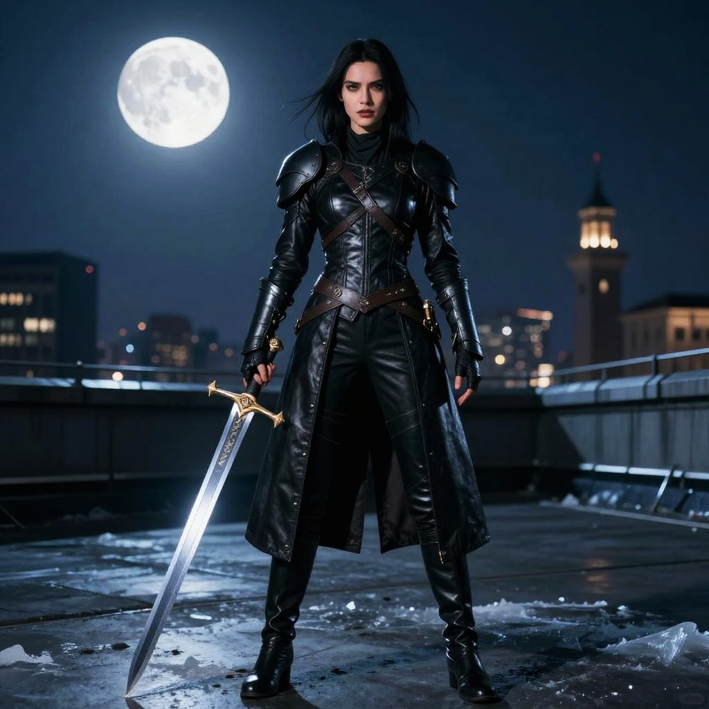 Woman in Black Armor Holding Sword on Rooftop at Night with Full Moon