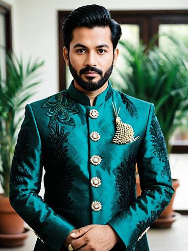 Man in Teal Peacock Sherwani with Golden Brooch Traditional Indian Outfit