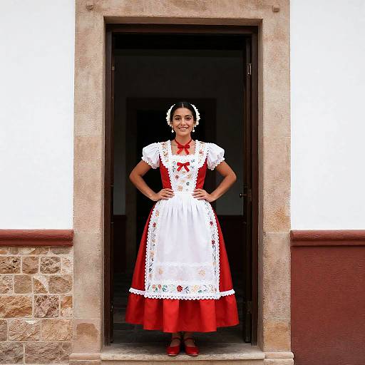 Woman in Traditional Spanish Costume Standing in Doorway