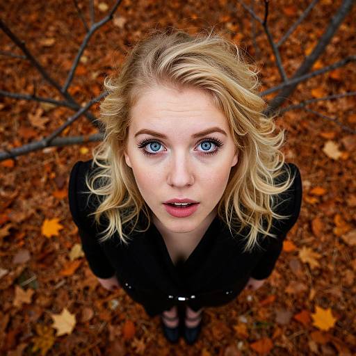 Blonde Woman with Blue Eyes Looking Up Amid Autumn Leaves