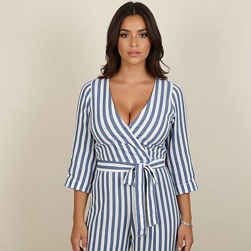 Stylish Blue and White Striped Wrap Jumpsuit on Woman