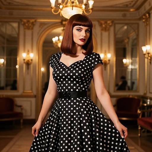 Woman in Retro Polka Dot Dress in Luxurious Vintage Setting