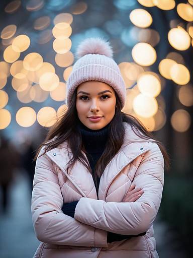 Woman in Pastel Pink Puffer Jacket and Knit Beanie Winter Fashion