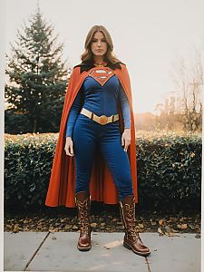 Woman in Supergirl Costume Full Body Cosplay Photo with Cape and Boots