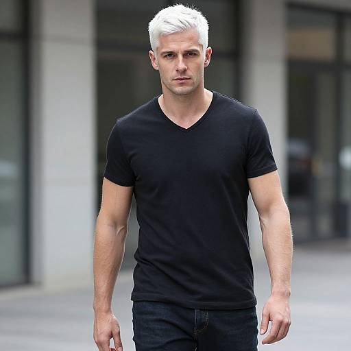 Stylish Man in Black V-Neck T-Shirt Walking Outdoors