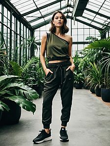 Casual Urban Fashion Woman in Greenhouse Surrounded by Plants