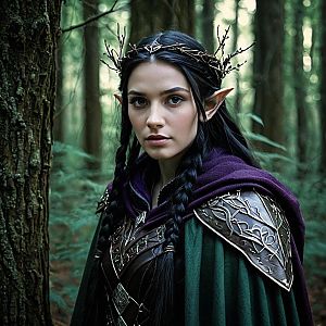 Elven Warrior Woman in Fantasy Forest Armor and Cloak